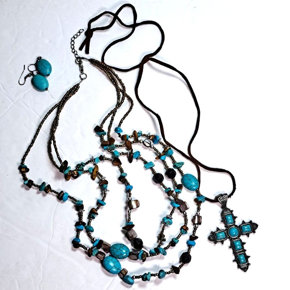 Turquoise Color and Brown Necklaces Earring Set Fashion Jewelry Cross Layers